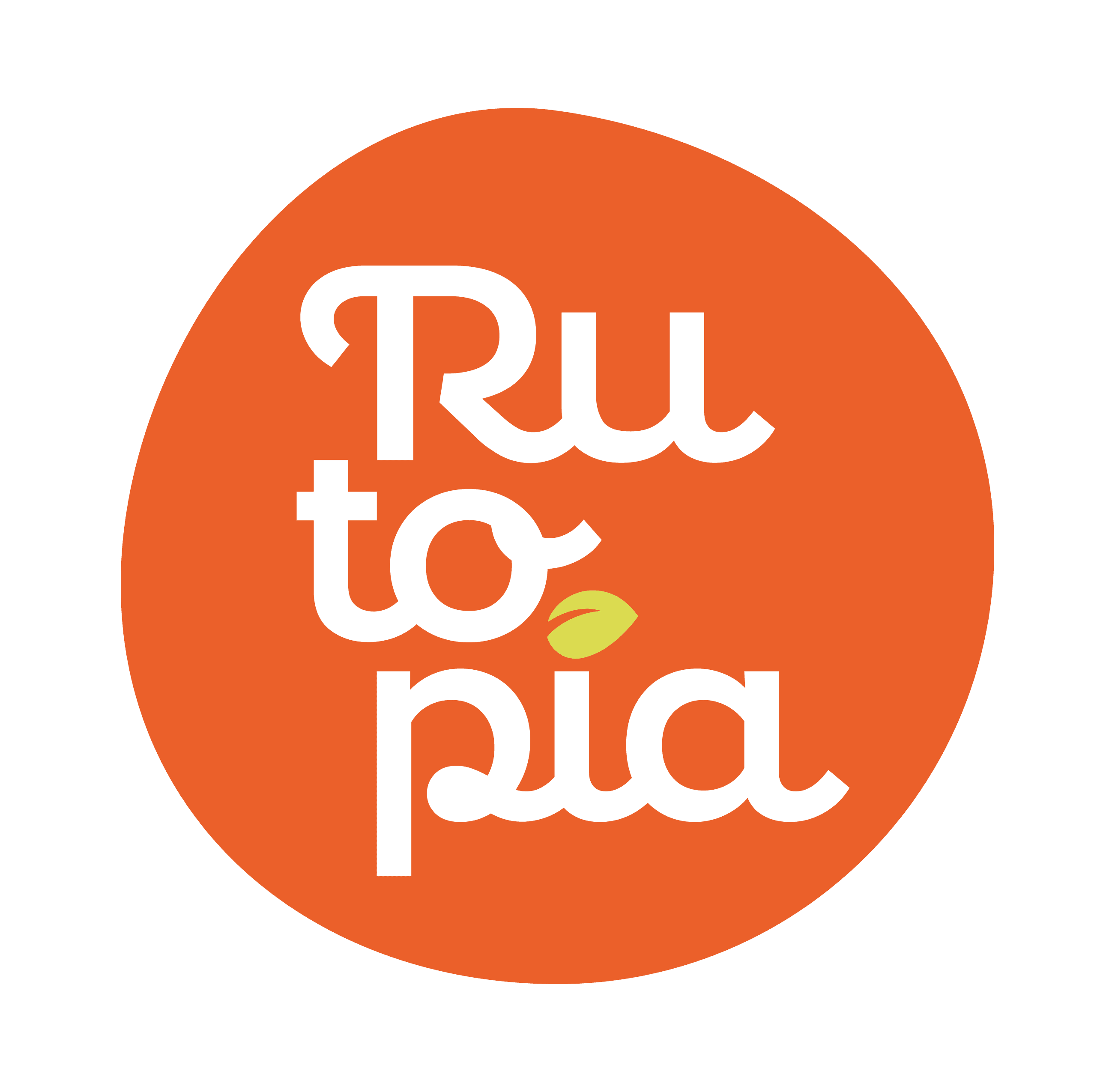 Rutopía logo: orange circular background with the word “Rutopía” in white rounded lettering, featuring a small green leaf accent above the letter “i”.
